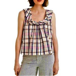 J. Crew Plaid Ruffled Neckline Sleeveless Top